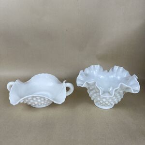 Vintage Fenton Hobnail Milk Glass Ruffled Candy Dish/ Bowl Set Of‎ 2 EUC
